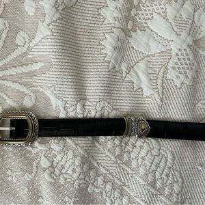 Black Croc-Embossed Leather Belt with Silver-Tone Buckle